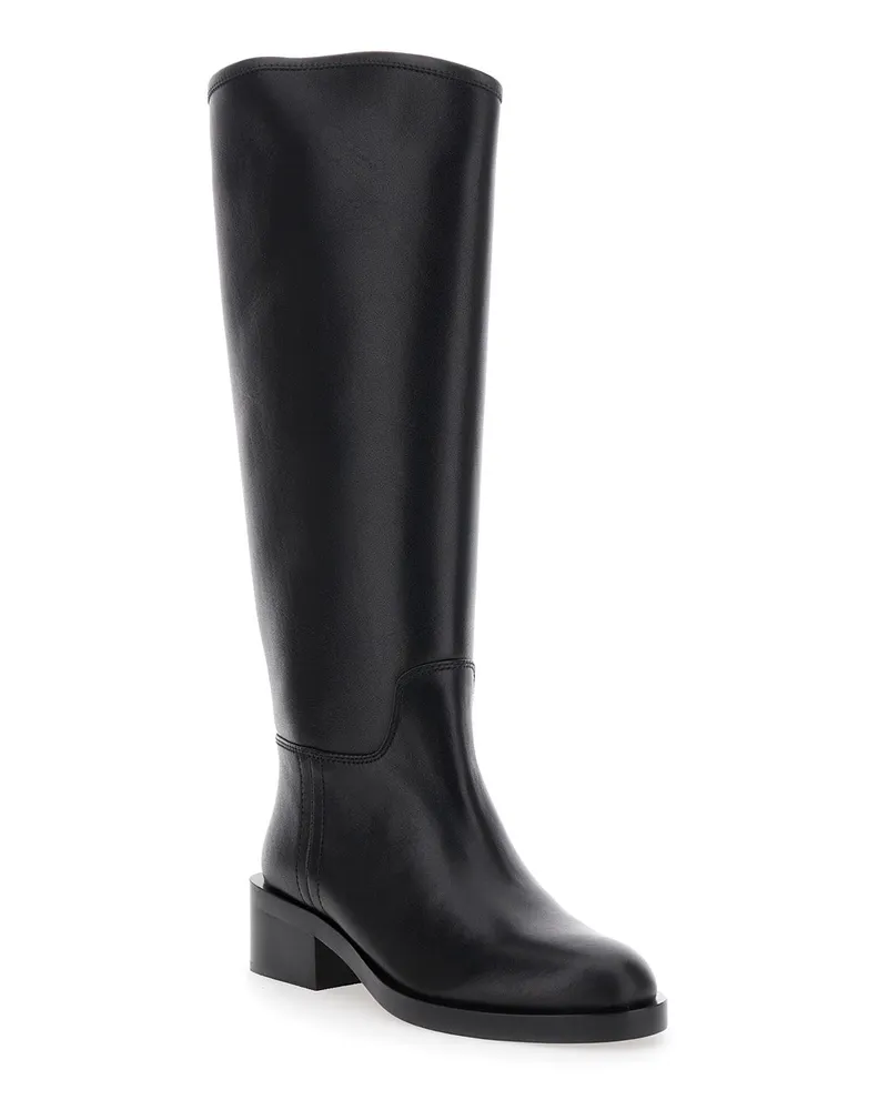 Jeffrey Campbell Women's Black Knee High Leather Boots With Block Heel Cow Black