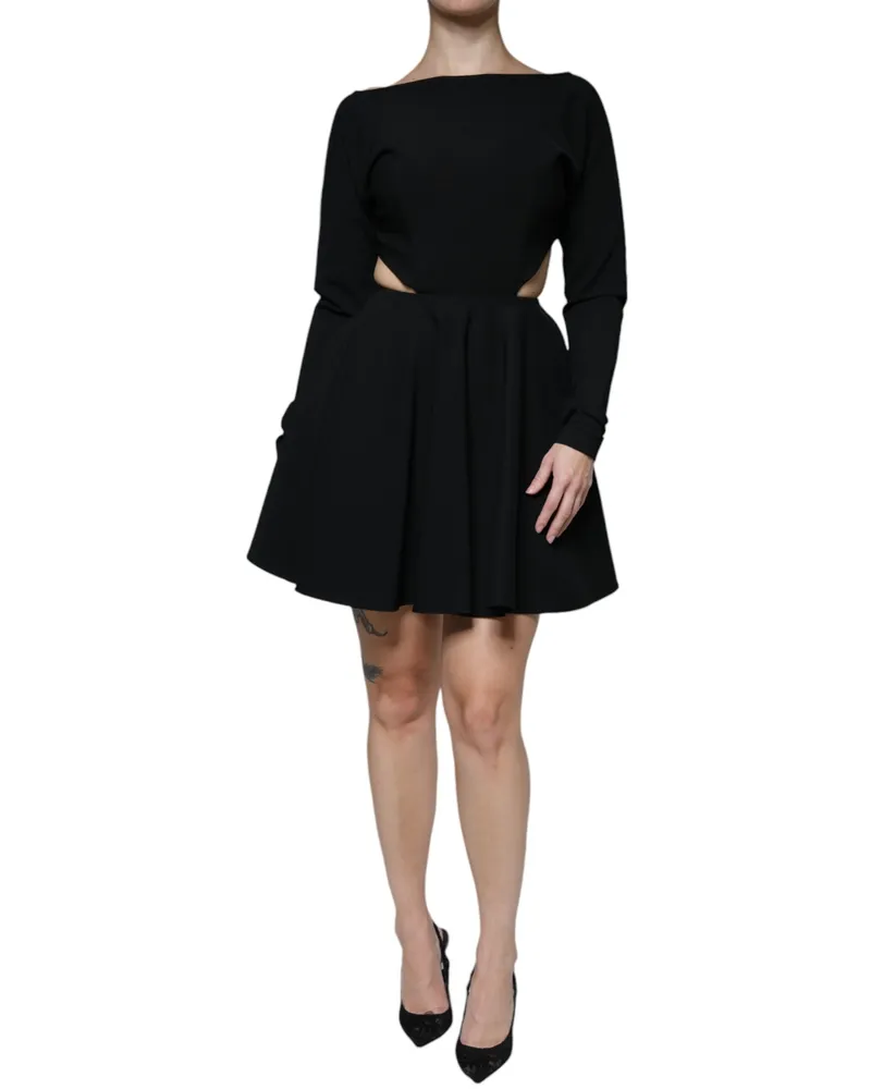 Dolce & Gabbana Women Black Viscose Cut Out A-Line Long Sleeves Mini Dress Nylon Elastane Black
