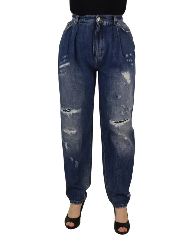 Dolce & Gabbana Women Blue Washed High Waist Loose Fit Pants Cotton Blue