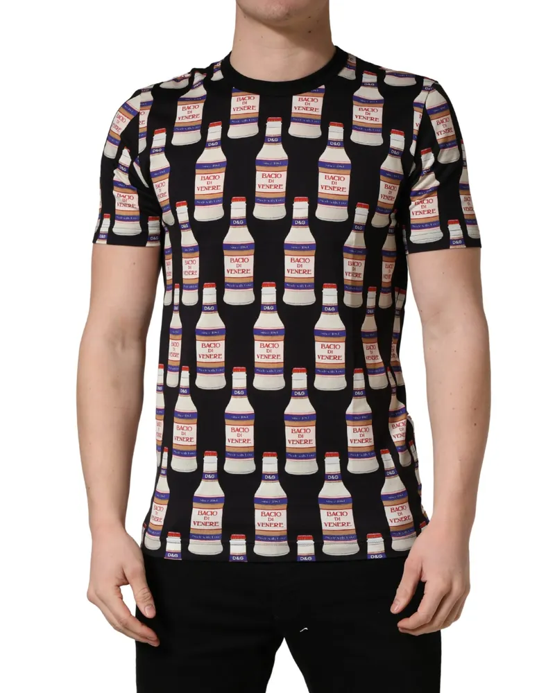 Dolce & Gabbana Men's Black Bottle Print Cotton Crew Neck T-Shirt Black