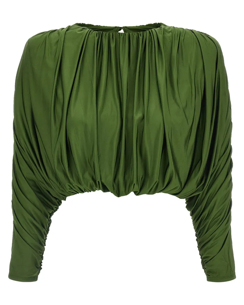 Self-Portrait Draped Bat Sleeve Blouse — Olive Green Olive