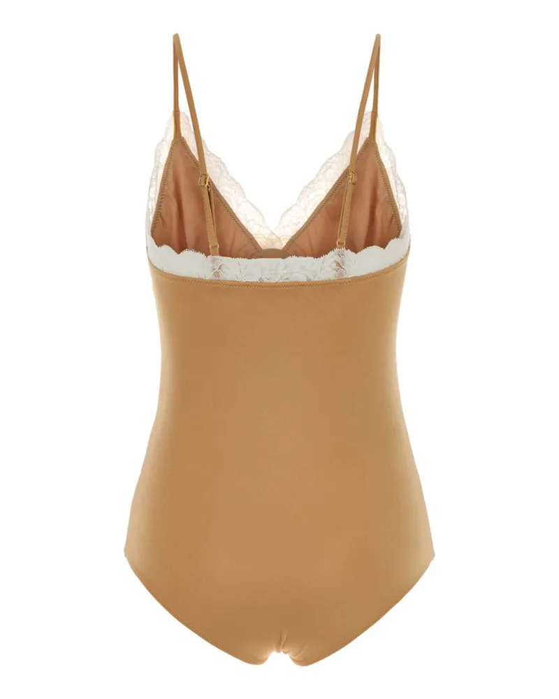 Chloé Lace-Trimmed Stretch Nylon Bodysuit — Beige Beige