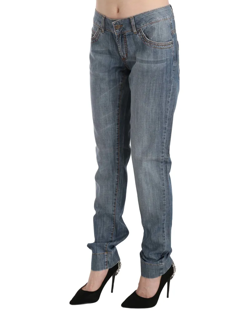 Just Cavalli Women's Blue Washed Cotton Low Waist Slim Fit Denim Pants Blue