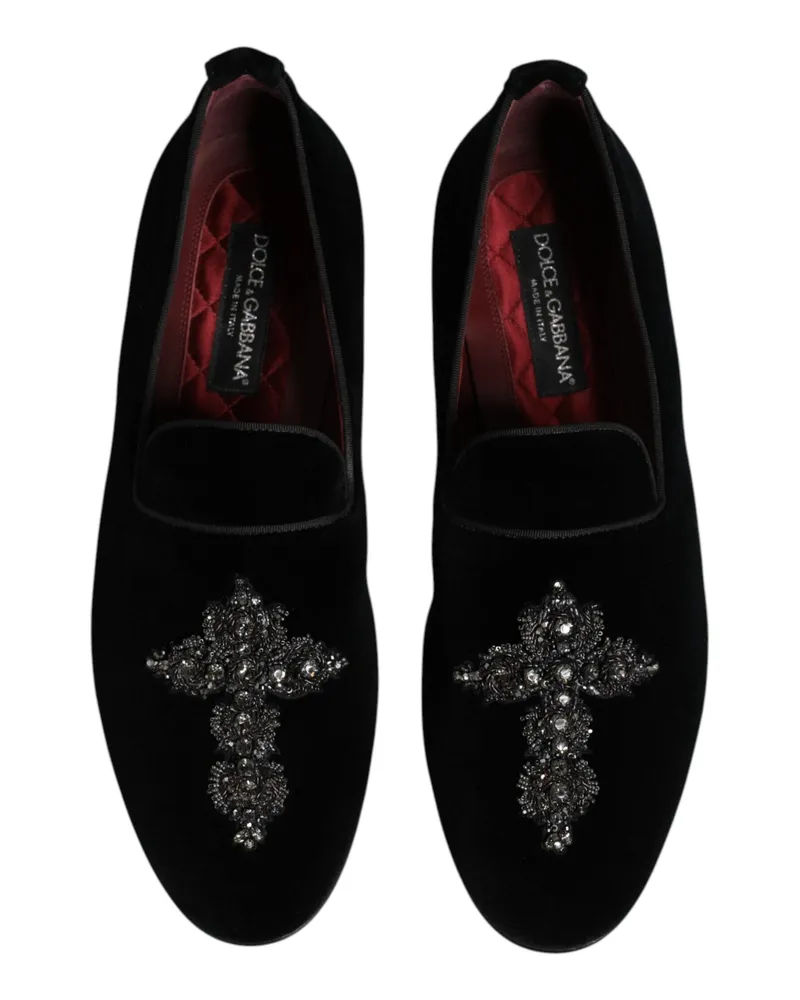 Dolce & Gabbana Men's Black Velvet Embellished Loafer Slip On Shoes Glass Capra Black