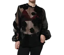 Women's Black Nylon Mesh Transparent Floral Blouse Polyester