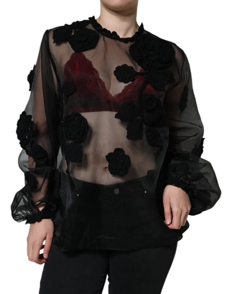 Dolce & Gabbana Women's Black Nylon Mesh Transparent Floral Blouse Polyester Black