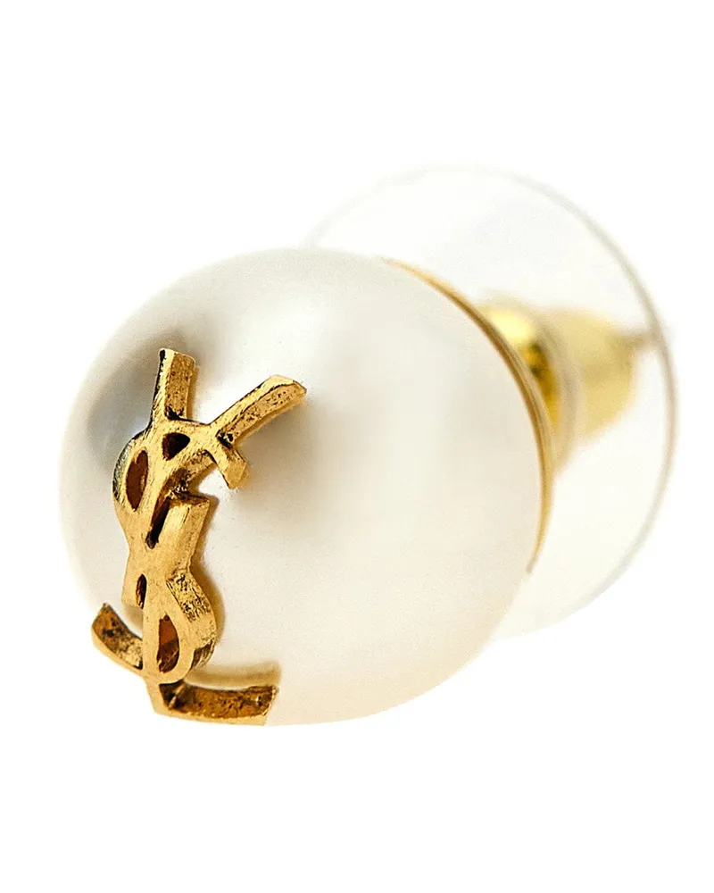 Saint Laurent Pearl with Logo Stud Earrings — Pearl Pearl