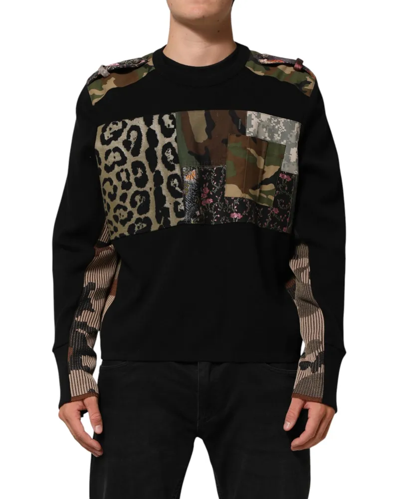 Dolce & Gabbana Men's Black Patchwork Crew Neck Pullover Sweater Co+pl+se+vi Clothing Black