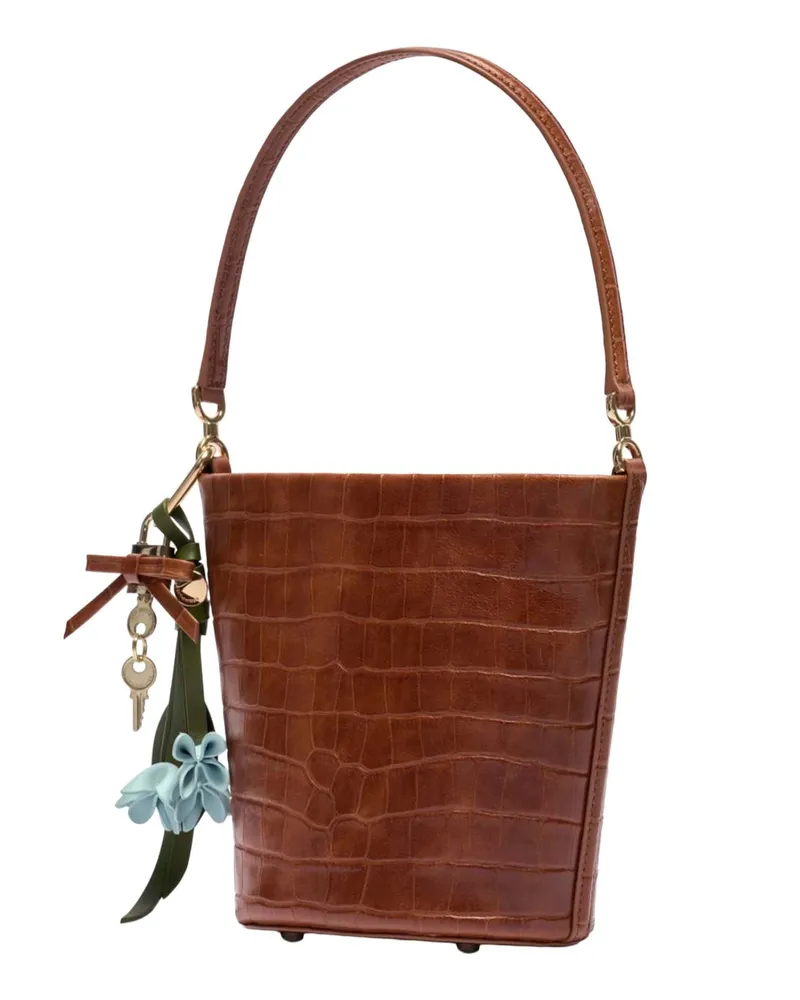 Self-Portrait Crocodile-Embossed Calf Leather Bucket Bag — Brown Brown