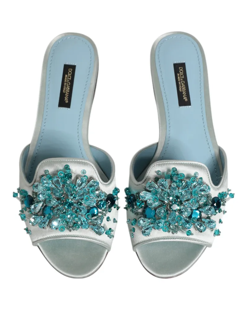 Dolce & Gabbana Women's Silver Blue Leather Bead Embellish Slide Shoes Blue, Silk Viscose Blue