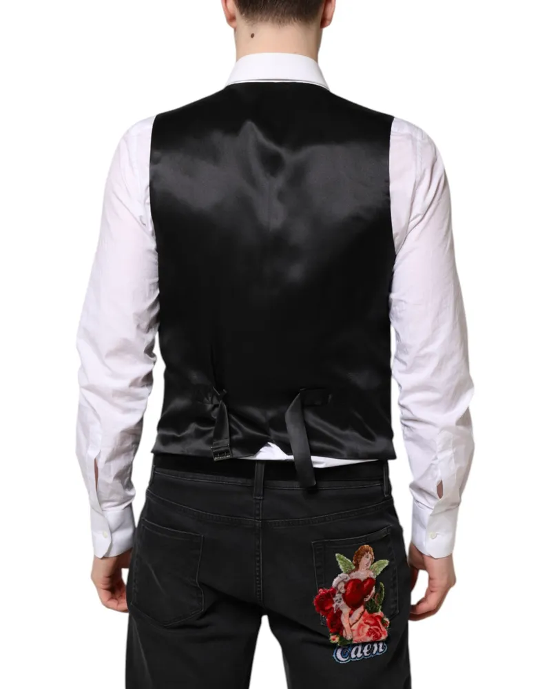 Dolce & Gabbana Men Black Wool Waistcoat Dress Formal Vest Virgin Silk Viscose Black