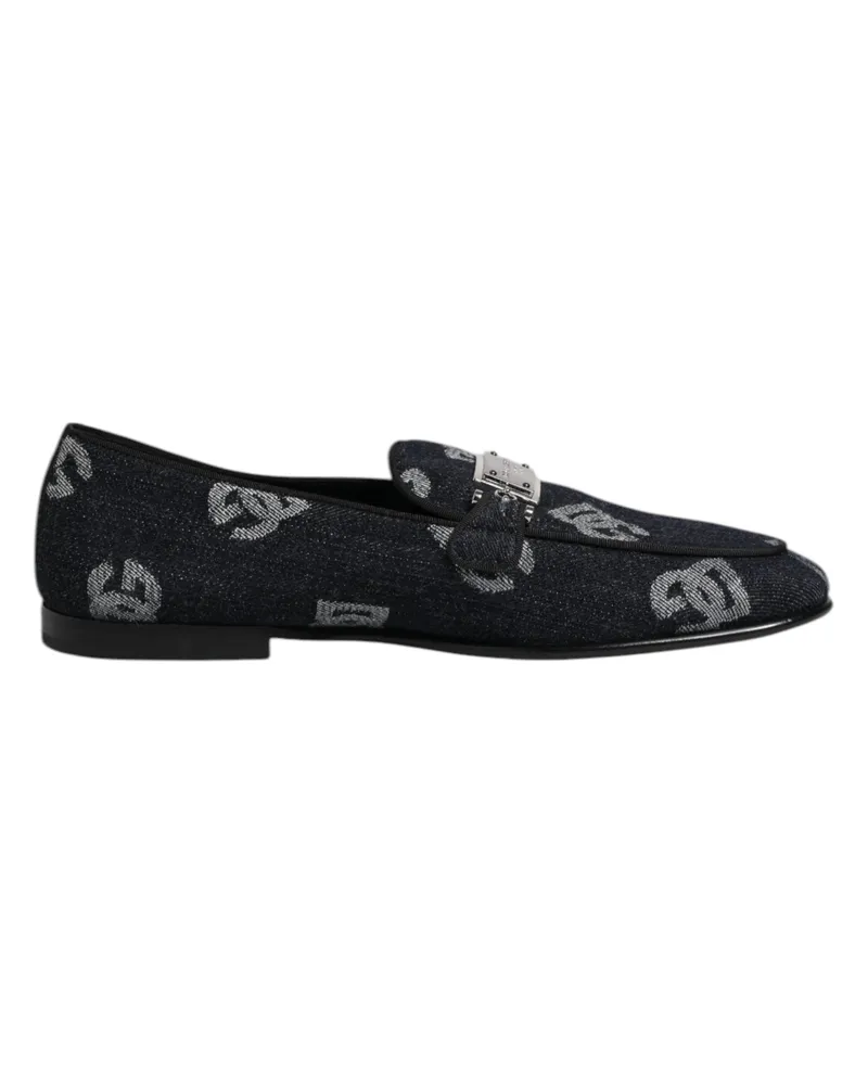 Dolce & Gabbana Men's Blue Logo Cotton Loafers Formal Dress Shoes Elastane Black