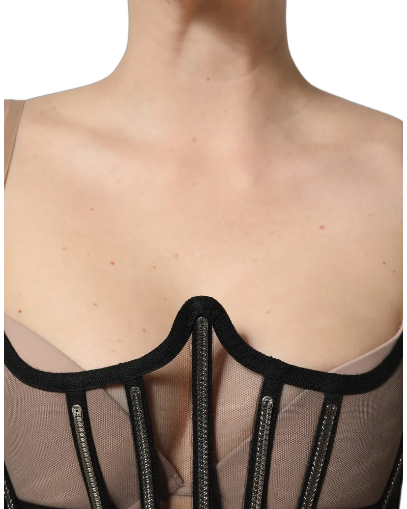 Dolce & Gabbana Women Black Sheer Tulle Bodysuit Cropped Corset Top Elastane Nylon Polyester Black