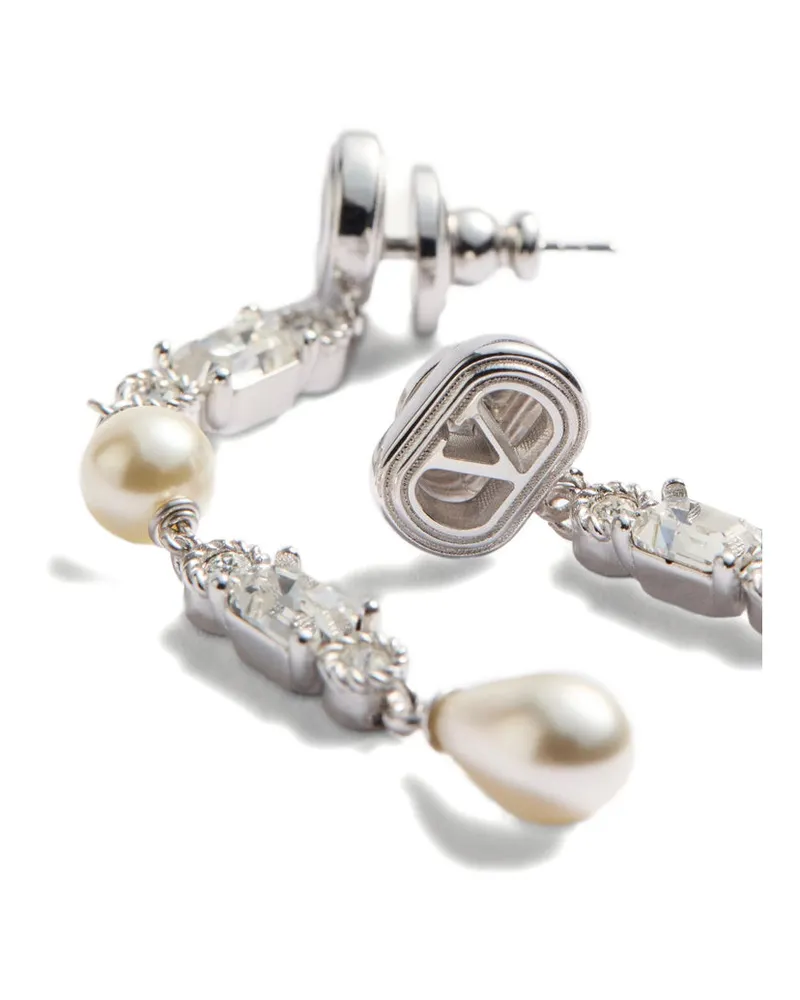 Valentino Garavani Pearl and Crystal VLogo Earrings — Silver Silver