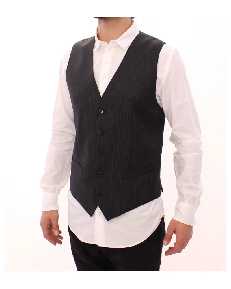 Dolce & Gabbana Men's Gray Striped Wool Single Breasted Vest Black Viscose Clothing Gray