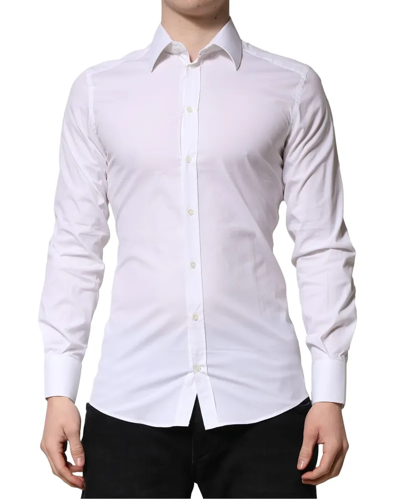 Dolce & Gabbana White Gold Long Sleeves Men Dress Formal Shirt Cotton Nylon Elastane White