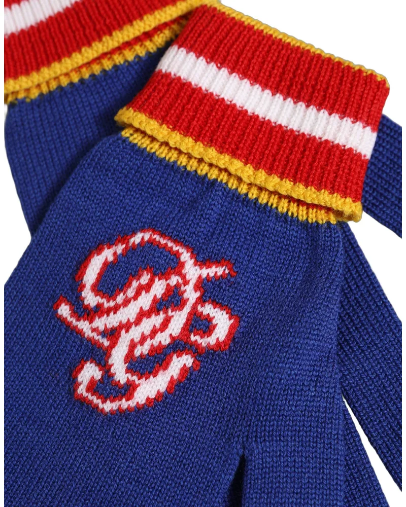 Dolce & Gabbana Men Blue Striped Wool Dg Logo Embroidered Gloves Virgin Blue