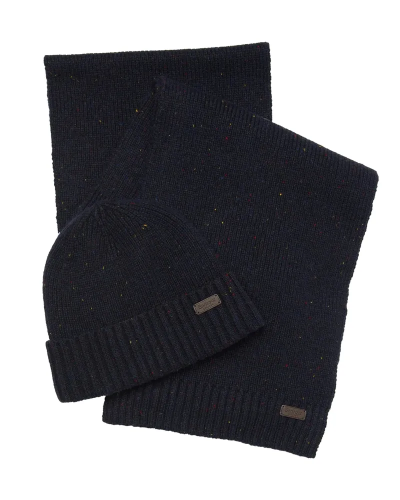 Barbour Men's Beanie And Scarf Set Carlton Fleck Navy Acrylic Navy