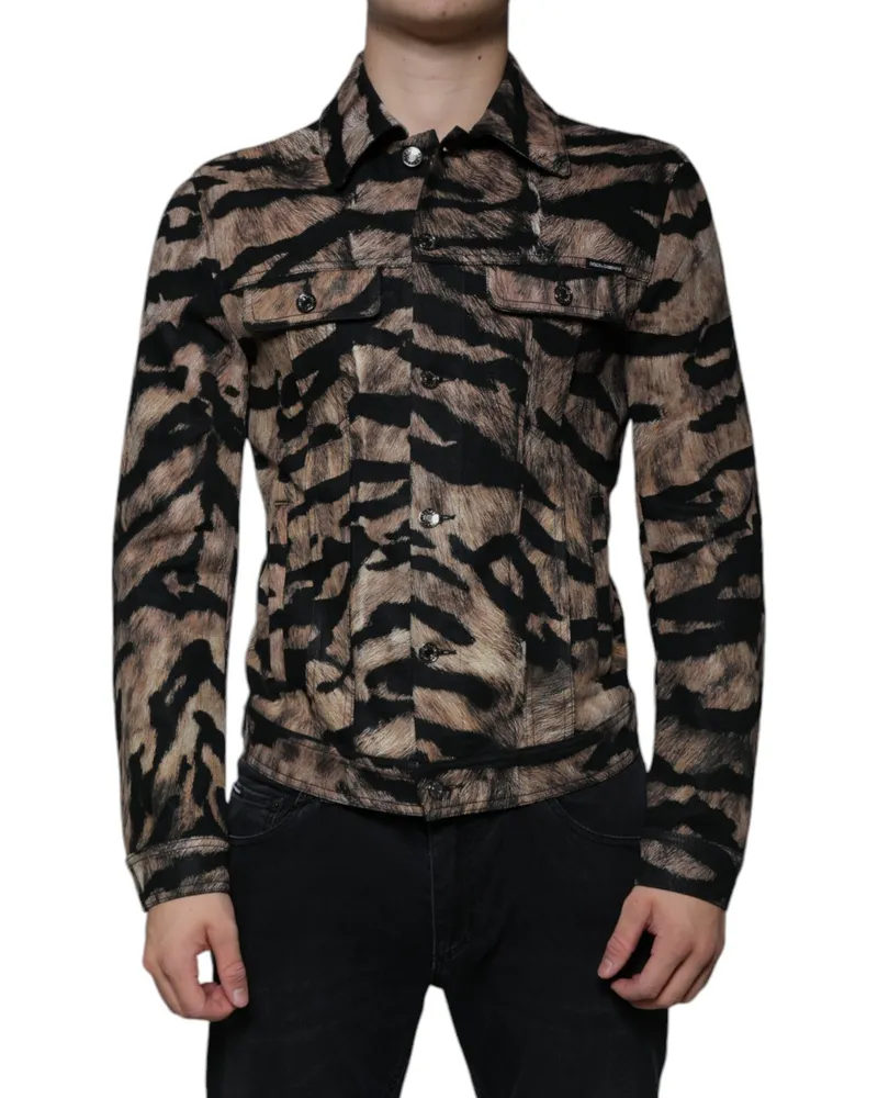 Dolce & Gabbana Men's Brown Tiger Button Down Collared Jacket Black And Cotton Elastane Clothing Brown
