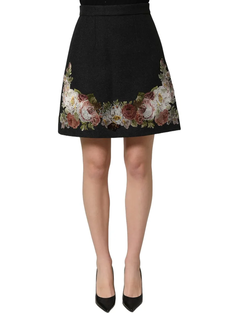Dolce & Gabbana Women's Black Floral Macramé High Waist A-Line Skirt Viscose Cashmere Virgin Wool Black