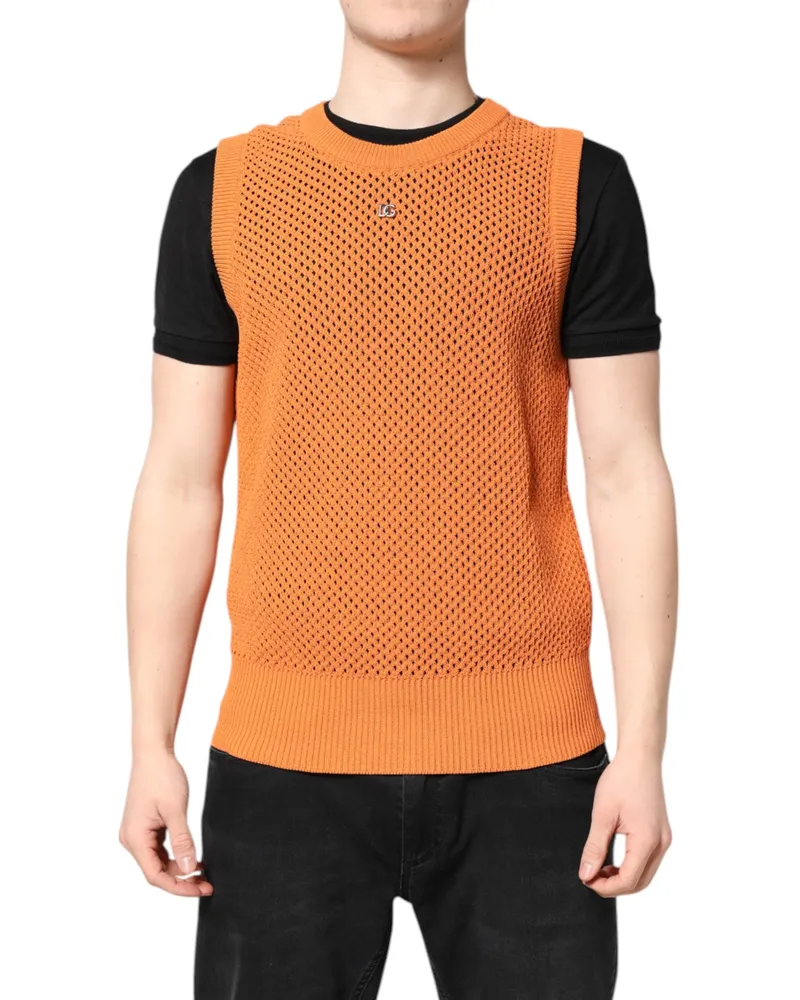 Dolce & Gabbana Men's Orange Cashmere Round Neck Sleeveless T-Shirt Silk Orange