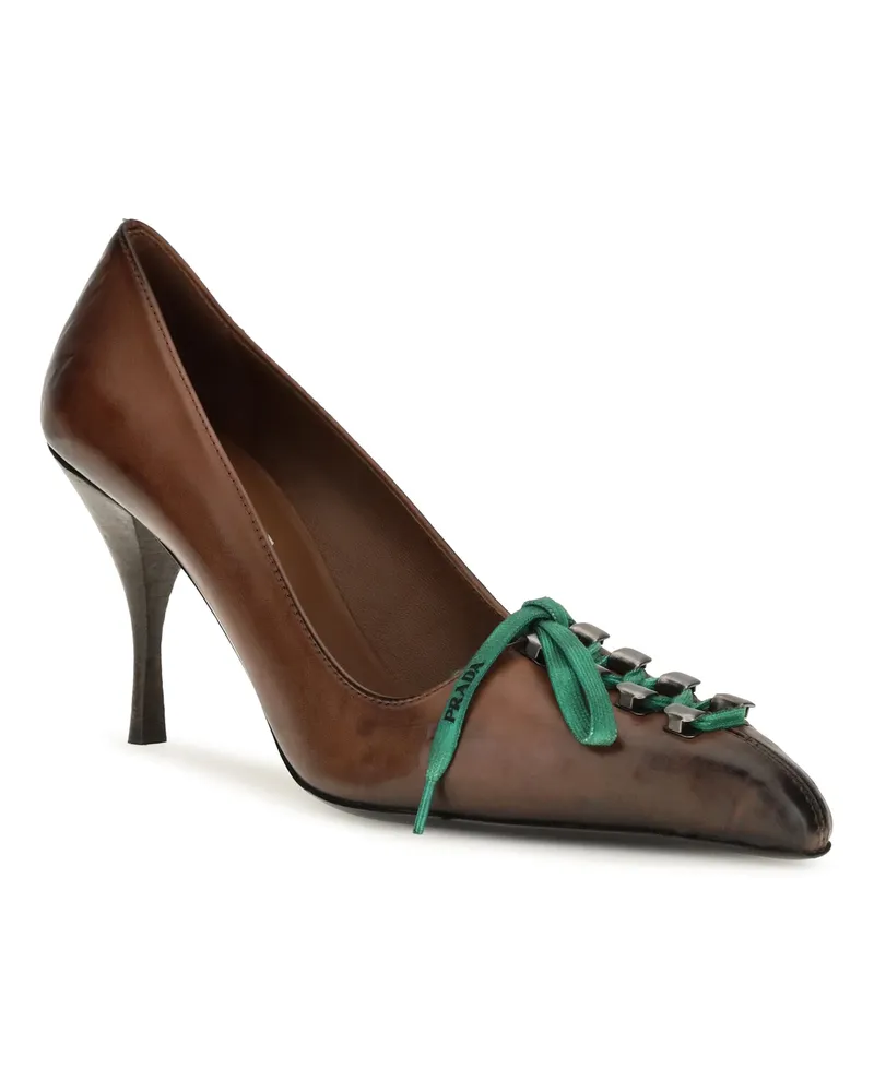 Prada Women's Leather Lace-Up Pumps Cacao High Heel Shoes Brown