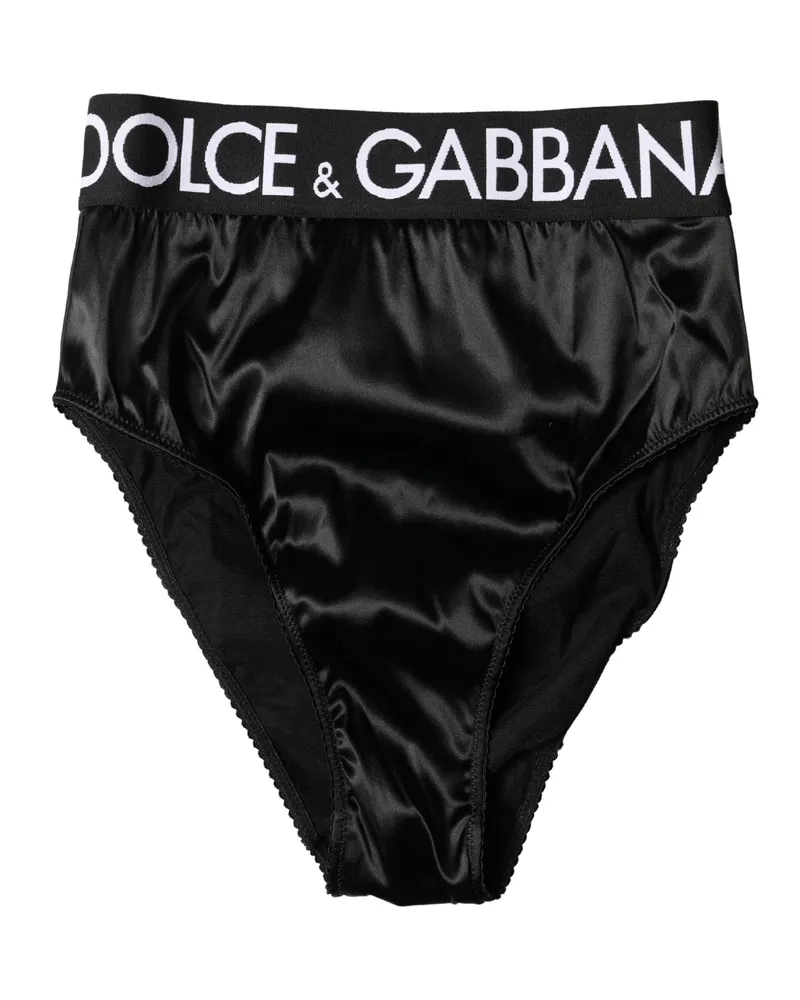 Dolce & Gabbana Black Satin High-Waist Brief Logo Women Underwear Acetate Elastane Nylon Clothing Black
