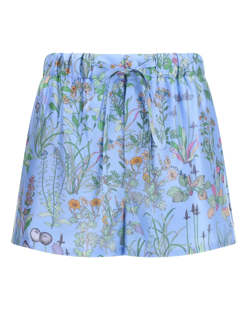 Gucci Floral-Printed Silk Twill Shorts — Blue Blue