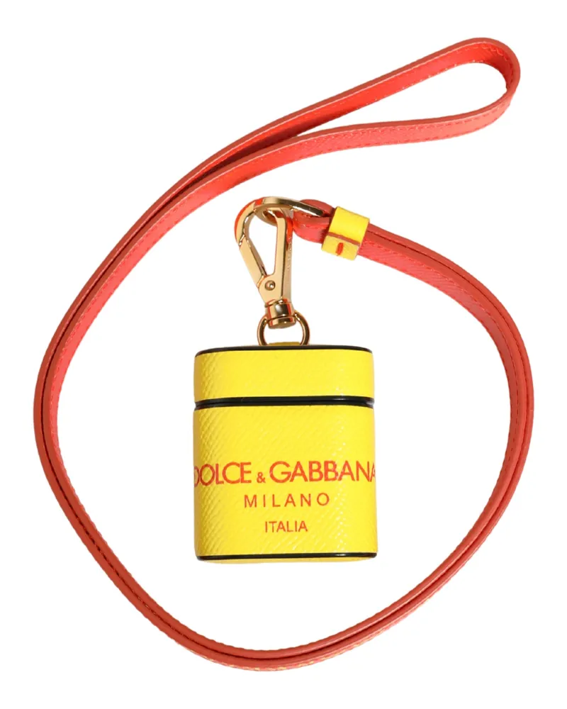 Dolce & Gabbana Women's Yellow Calf Leather Logo Flip Holder Strap Airpods Case Accessory Yellow