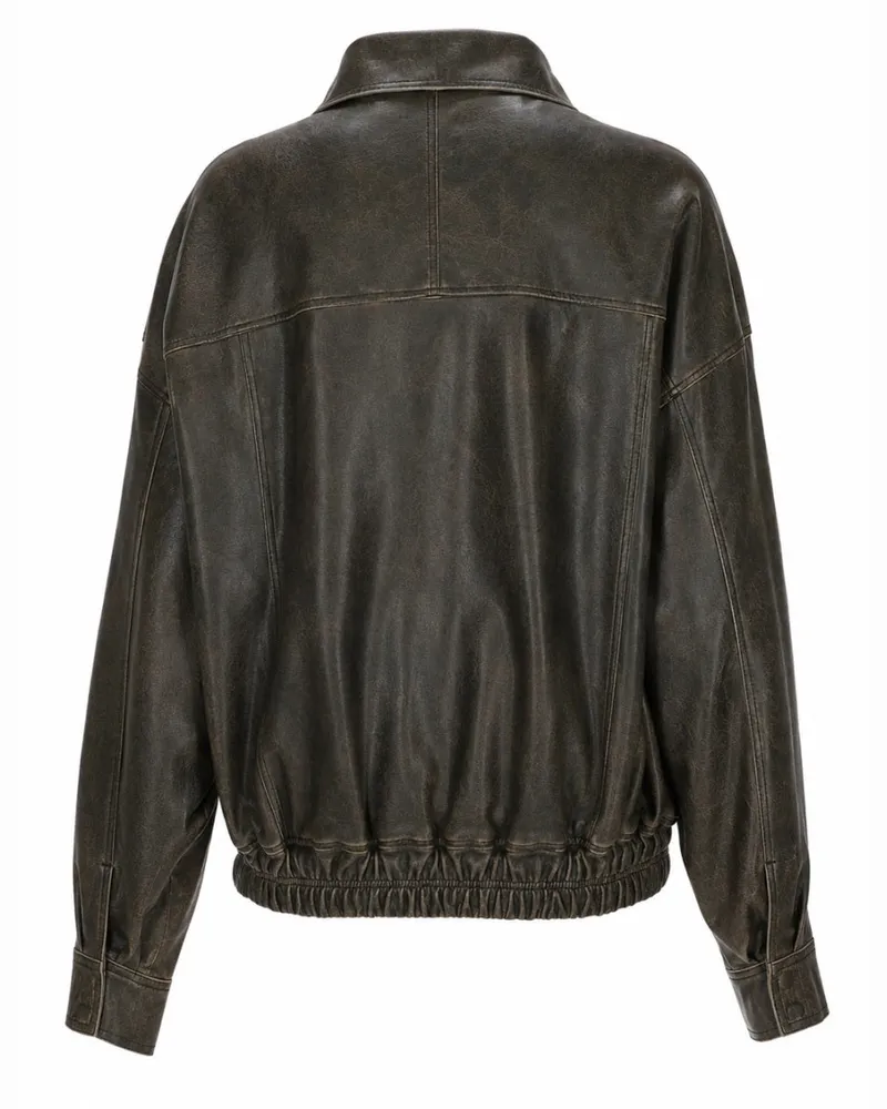 ALYSI Distressed Leather Bomber Jacket — Brown Brown