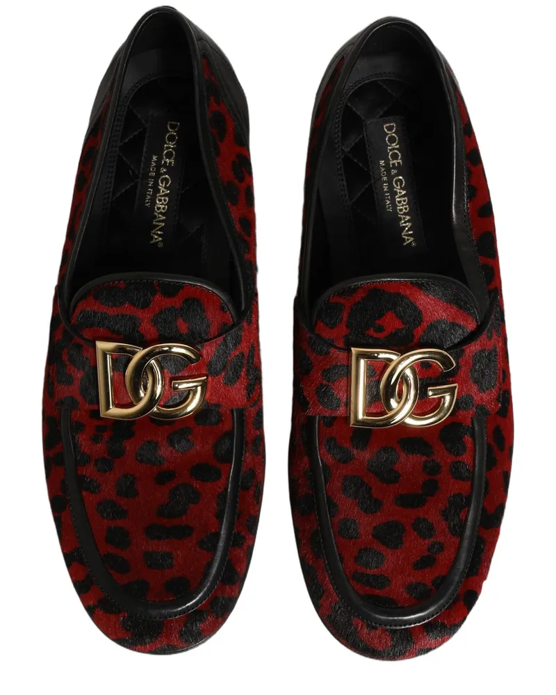 Dolce & Gabbana Men's Red Leopard Print Pony Hair Dress Loafers Shoes Calf Fur Red