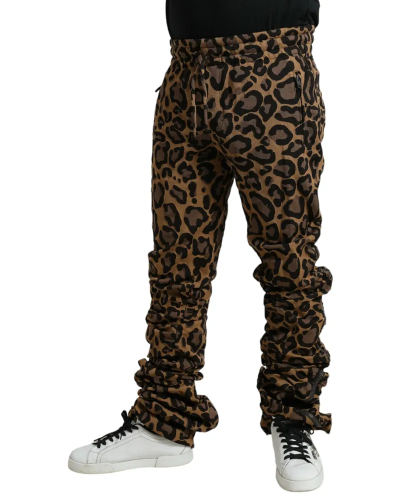 Dolce & Gabbana Men's Leopard Jacquard Joggers Brown Polyester Cotton Nylon Brown