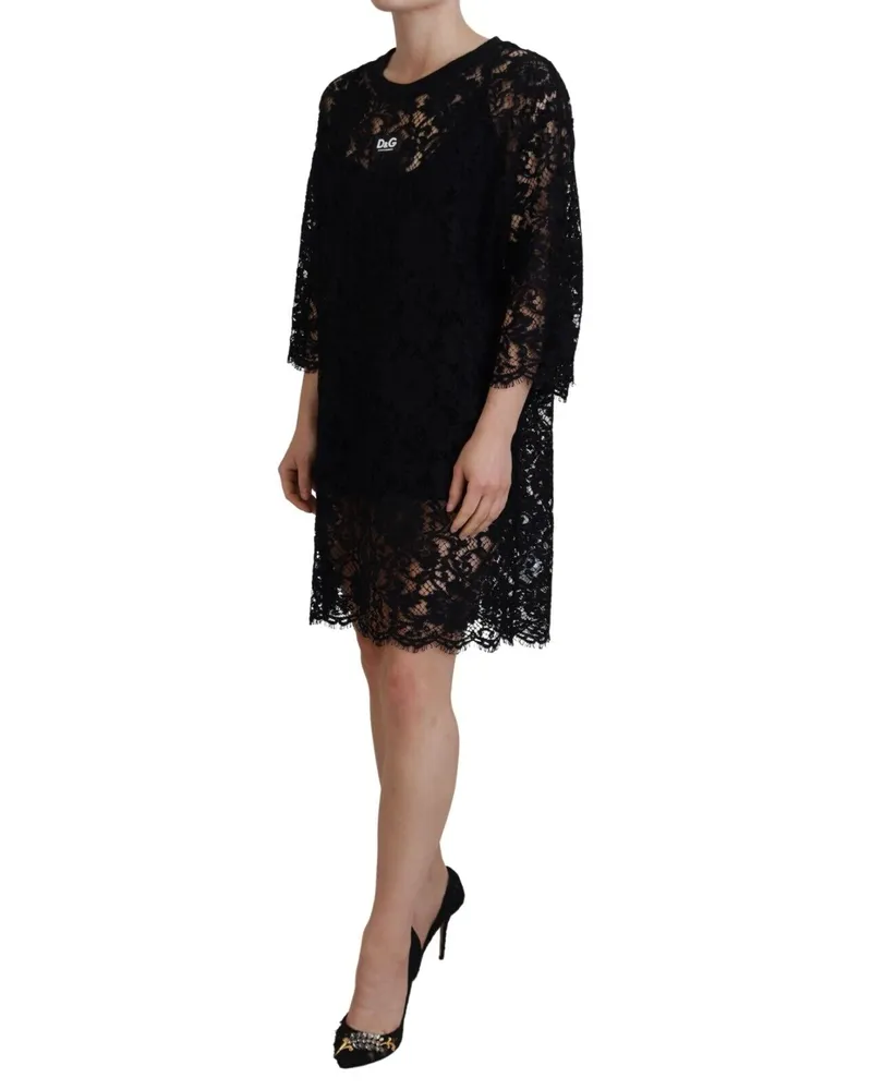 Dolce & Gabbana Women Black Floral Lace Cotton Shift Mini Dress Black