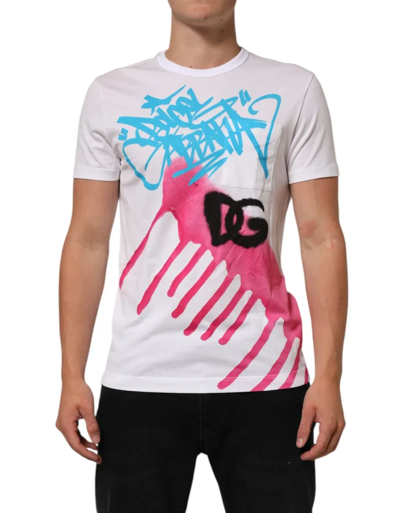 Dolce & Gabbana Men's White Graphic Print Cotton Crew Neck T-Shirt White