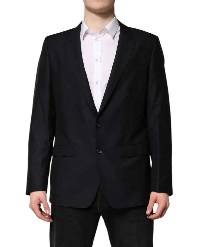 Dolce & Gabbana Men's Dark Blue Martini Wool Blazer Coat Jacket Black Virgin Silk Clothing Black