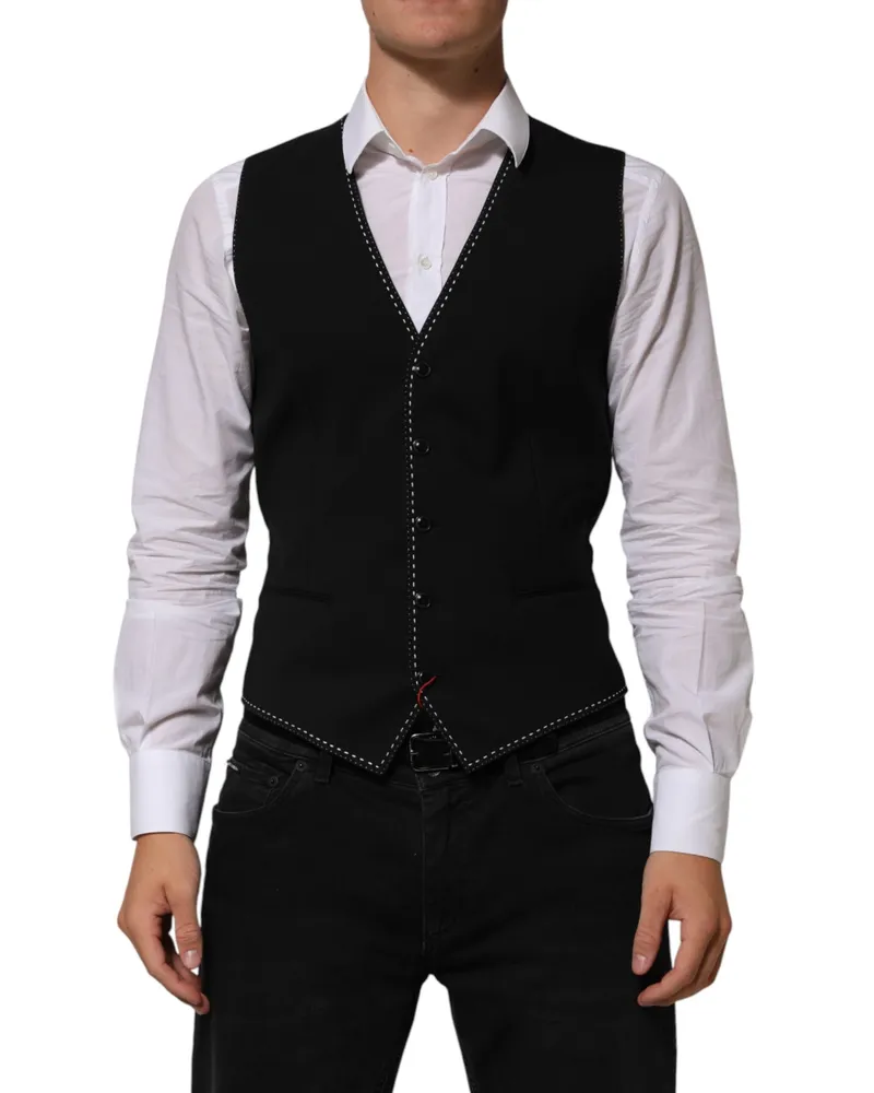 Dolce & Gabbana Black Wool Dress Formal Men Waistcoat Vest 03+wv Black