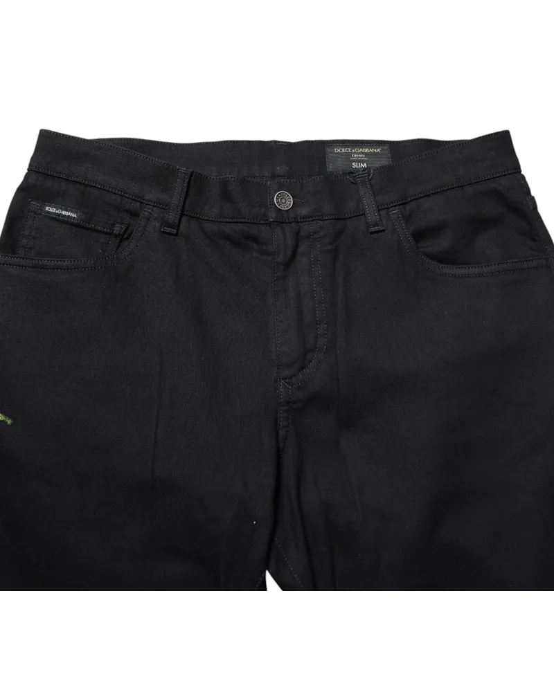 Dolce & Gabbana Black Floral Cotton Skinny Men Denim Jeans Elastane Clothing Black