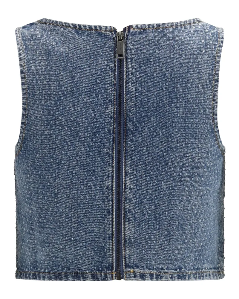 Self-Portrait Women's Rhinestone Denim Crop Top Blue Cotton Blue