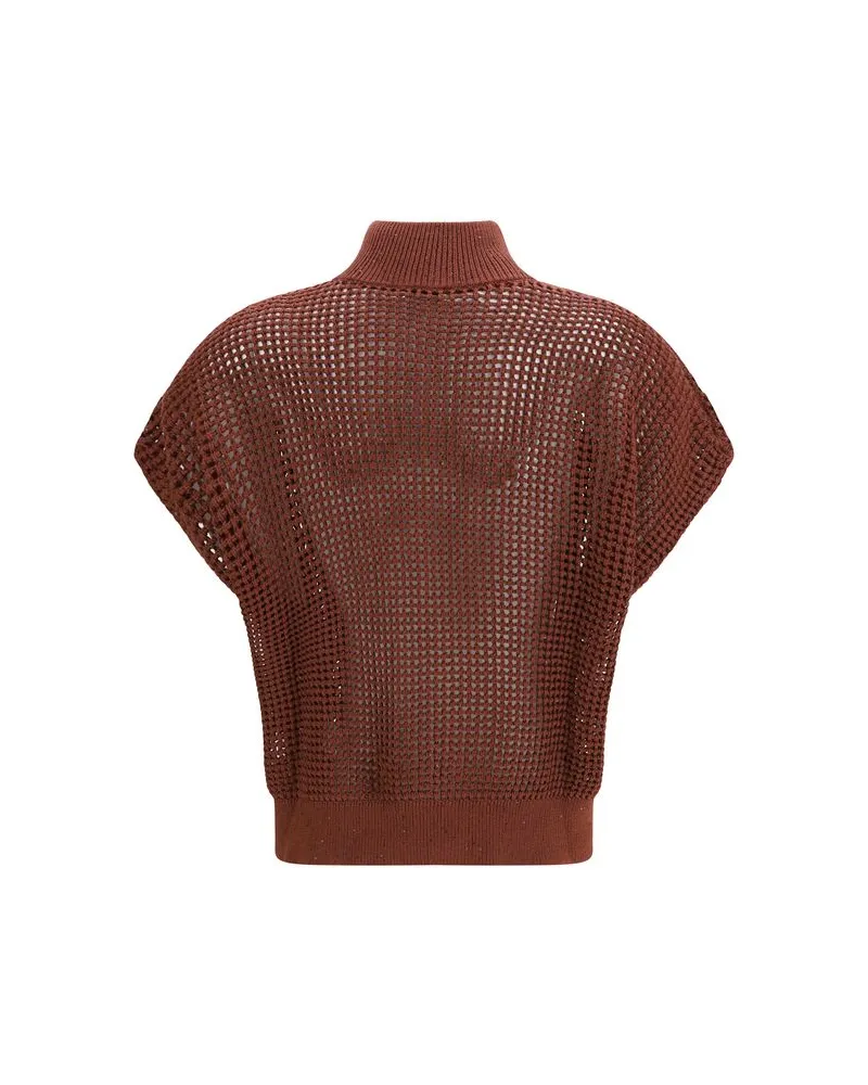 Brunello Cucinelli Cotton Mesh Cardigan — Brown Bordeaux