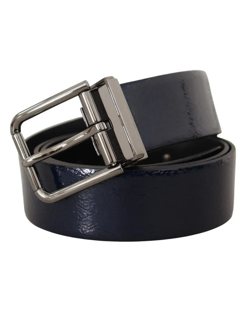 Dolce & Gabbana Men's Blue Patent Leather Vernice Silver Logo Buckle Belt Blue