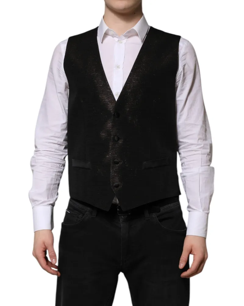 Dolce & Gabbana Dark Brown Dress Formal Men Waistcoat Vest Acetate Silk Polyester Nylon Black