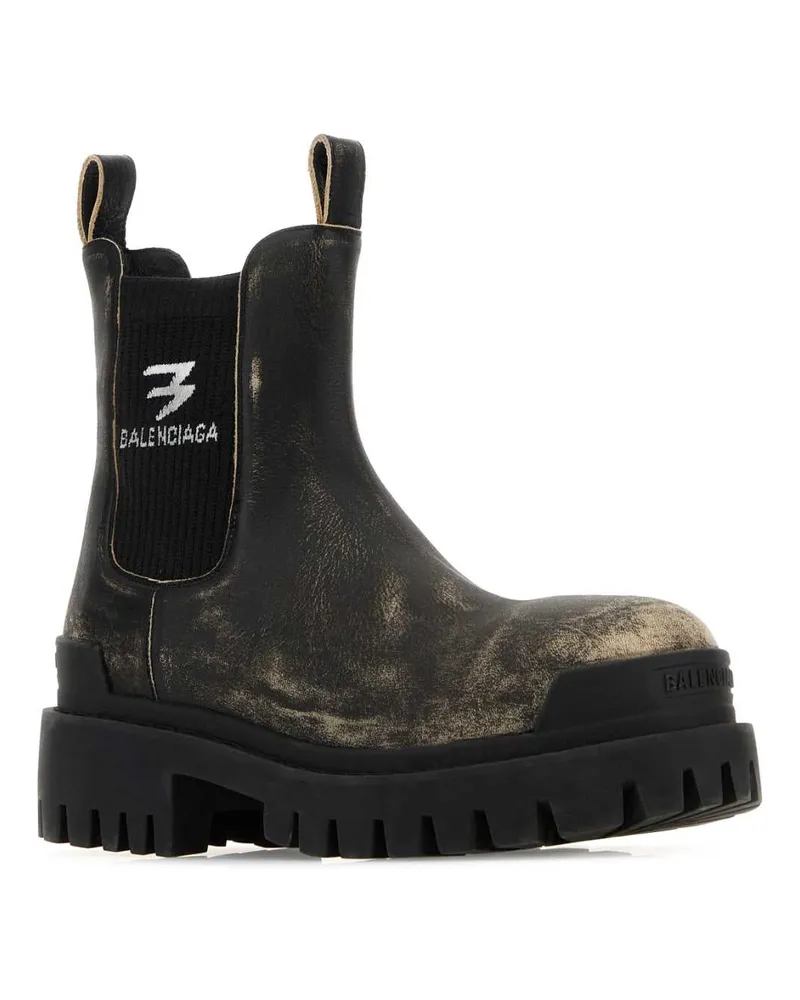 Balenciaga Women's Black Leather Strike Chelsea Ankle Boots Blk-Beige-White Logo Stivali Blk/beige-white Black