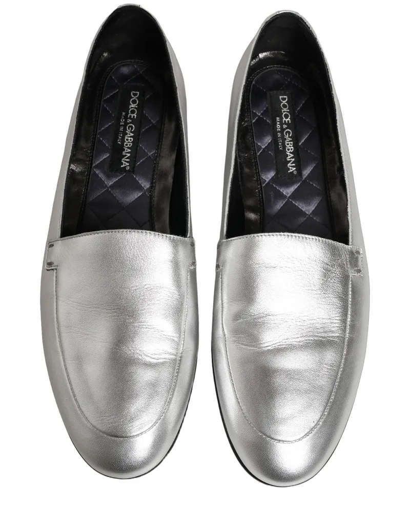 Dolce & Gabbana Men's Silver Leather Dg Logo Slip On Loafers Shoes Silver