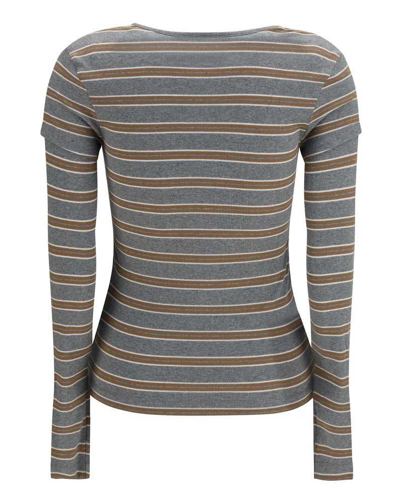 Ganni Ribbed V-Neck Striped T-Shirt — Gray Gray