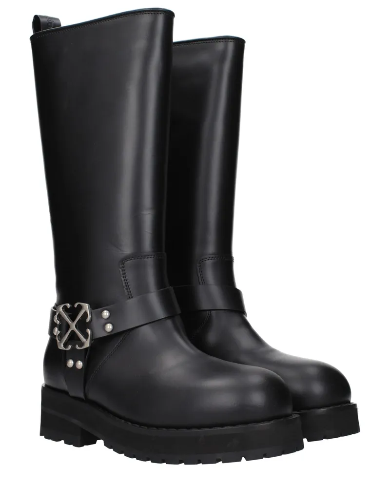 OFF-WHITE Women's Black Leather Flat Boots Black