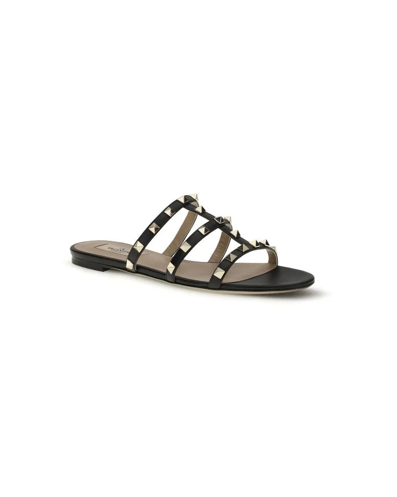 Valentino Garavani Women's Black Calf Leather Bos Taurus Flat Sandals Black