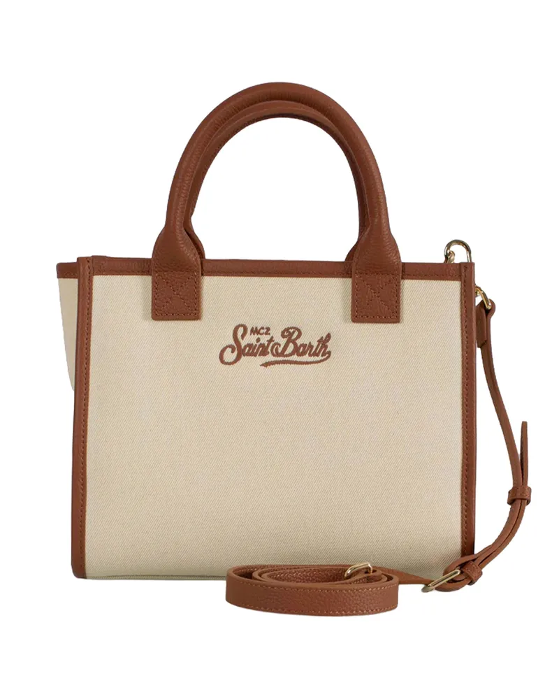 MC2 Saint Barth Women's Shoulder Bag Vanity Midi Canvas Grain Leather Beige Cow Beige