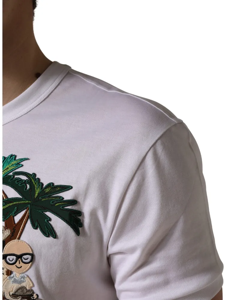 Dolce & Gabbana White Palm Embroidered Men Crew Neck T-Shirt Cotton White