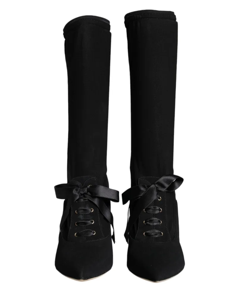 Dolce & Gabbana Women's Black Stiletto Heels Mid Calf Boots Shoes Viscose Elastane Black