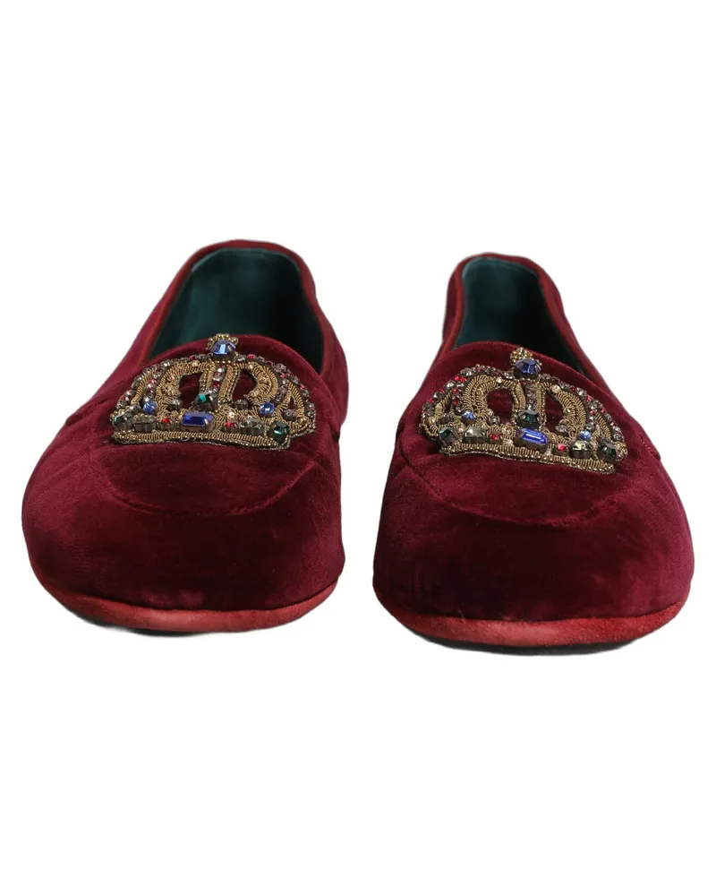 Dolce & Gabbana Men's Burgundy Velvet Crown Slip On Loafers Shoes Leather Burgundy